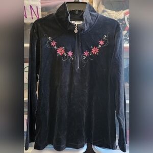 Vintage Blair Black Velvet Velour Full Zip-Up Jacket Embroidered Poinsettias EUC